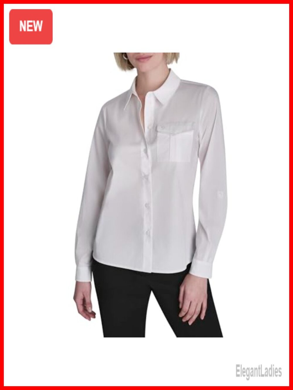 Roll Tab Long Sleeve Flap Pocket Button-Down Blouse Collared Work Top